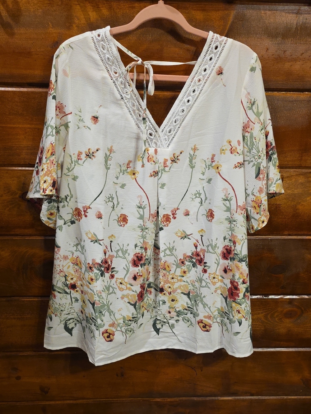 Floral V-Neck Short Sleeve Women's Top - Cream